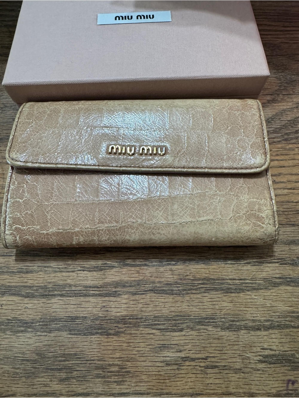 Miu Miu Cracked Patent Beige Leather Flap Wallet with Kisslock